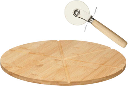 Kinvara Pizza serveerplank met pizzasnijder - bamboe - D35 cm- snijplank / keukenhulp