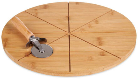 Kinvara Pizza serveerplank met pizzasnijder - bamboe - D35 cm- snijplank/keukenhulpje