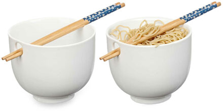 Kinvara Pokebowl/ramen/noedels servies set - 2x - kommetje en chopsticks - keramiek - wit - sushi eet set