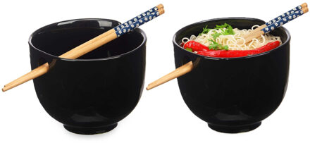 Kinvara Pokebowl/ramen/noedels servies set - 2x - kommetje en chopsticks - keramiek - zwart - sushi eet set