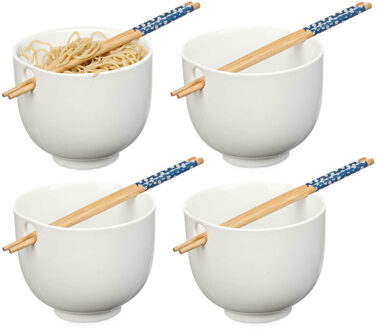 Kinvara Pokebowl/ramen/noedels servies set - 4x - kommetje en chopsticks - keramiek - wit - sushi eet set