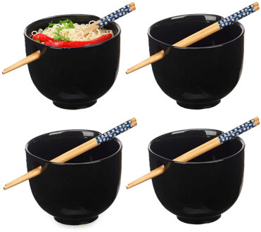 Kinvara Pokebowl/ramen/noedels servies set - 4x - kommetje en chopsticks - keramiek - zwart - sushi eet set