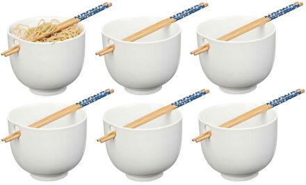 Kinvara Pokebowl/ramen/noedels servies set - 6x - kommetje en chopsticks - keramiek - wit - sushi eet set