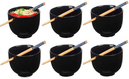 Kinvara Pokebowl/ramen/noedels servies set - 6x - kommetje en chopsticks - keramiek - zwart - sushi eet set