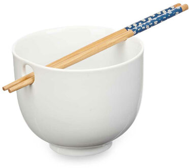 Kinvara Pokebowl/ramen/noedels servies set - kommetje en chopsticks - keramiek - wit - sushi eet set