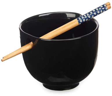 Kinvara Pokebowl/ramen/noedels servies set - kommetje en chopsticks - keramiek - zwart - sushi eet set