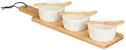Kinvara Serveer/borrel plank set schaaltje/kommetje - 7 delig - porselein/bamboe - 3 lepeltjes - borrelen