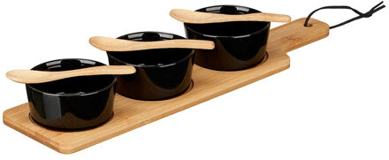 Kinvara Serveer/borrel plank set schaaltje/kommetje - 7 delig - porselein/bamboe - 3 lepeltjes - borrelen