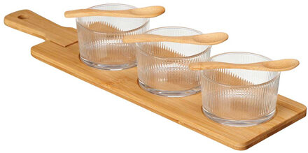 Kinvara Serveer/borrel plank set schaaltjes/kommetjes - 7 delig - glas/bamboe - met lepeltjes - borrelen
