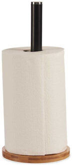 Kinvara Stijlvolle basic bamboe hout/metalen keukenrolhouder hout/zwart 15 x 34 cm