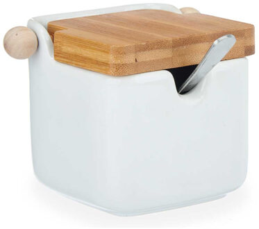 Kinvara Suikerpot met deksel - wit - 190 ml - porselein - bamboe - 7,5 x 11 x 7,5 cm
