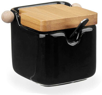 Kinvara Suikerpot met deksel - zwart - 190 ml - porselein - bamboe - 7,5 x 11 x 7,5 cm