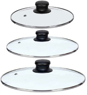 Kinvara Universele pannendeksel set - 3x stuks - Dia 24/22/20 cm - glas - stoomgaatje