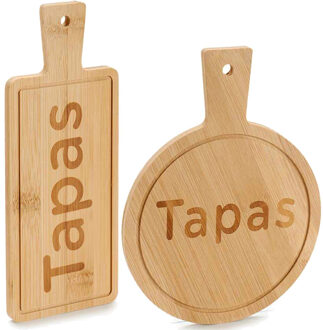 Kinvara Voedsel/hapjes/tapas serveerplanken set van bamboe met handvat - 2x stuks - Serveerplanken