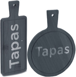 Kinvara Voedsel/hapjes/tapas serveerplanken set van leisteen met handvat - 2x stuks - Serveerplanken Grijs