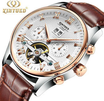 KINYUED Skeleton Tourbillon Mechanical Watch Men Automatic Classic Rose Gold Leather Mechanical Wrist Watches Reloj Hombre 2020