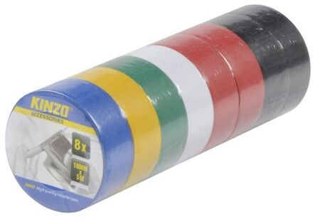 Kinzo 8x gekleurde rollen isolerende tape voor kabels en elektra 18 mm x 5 m - Tape (klussen) Multikleur