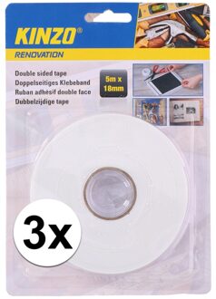 Kinzo Dubbelzijdig tape - 3x - 18 mm x 5 meter - montagetape - wit
