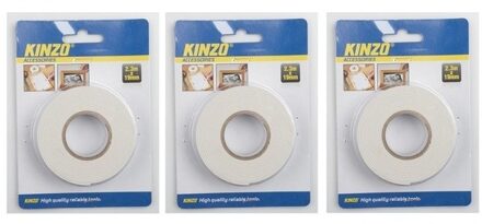 Kinzo Dubbelzijdig tape - 3x rol - 19 mm x 2,3 meter - wit