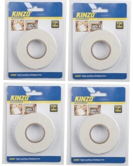 Kinzo Dubbelzijdig tape - 4x rol - 19 mm x 2,3 meter - wit