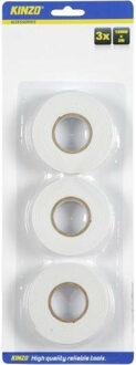 Kinzo Dubbelzijdig tape/plakband - wit - set met 3x rollen van 200 cm - 18 mm breed