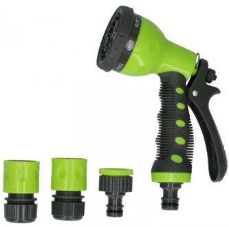 Kinzo Tuinsproeier set 4-delig - broeskop/sproeipistool met aansluitstukken - 16 cm - Broeskoppen Groen