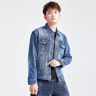 KIOVNO Mannen Ripped Borduurwerk Denim Jassen Effen Kleur Slim Fit Jassen Voor Man Gewassen Streetwear Blauw / L