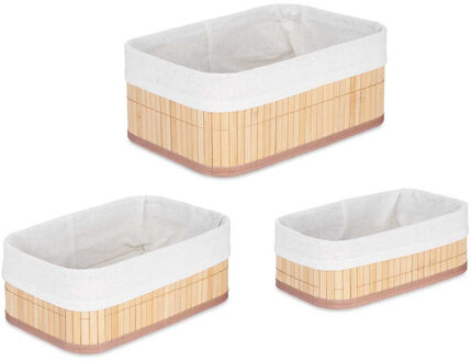 Kipit Badkamer/Toilet ruimte opbergmandjes - bamboe/stof wit - set 3x stuks