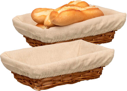 Kipit Broodmandje met stof - 2x - riet/canvas - bruin - 28 x 18 x 8 cm - landelijke stijl - Broodjes