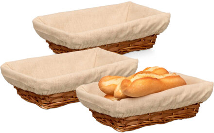 Kipit Broodmandje met stof - 3x - riet/canvas - bruin - 28 x 18 x 8 cm - landelijk