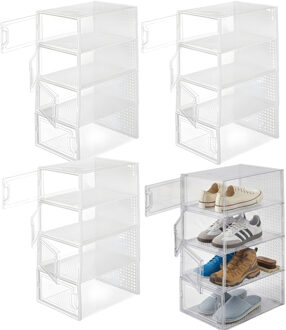 Kipit Schoenenrek / kast - 4x - wit - 4 niveaus - 33 x 23 x 14 cm - stapelbaar - organizer