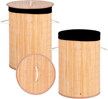 Kipit Wasmand van bamboe - 2x - 50 liter - 35 x 50 cm - met deksel - met binnendoek