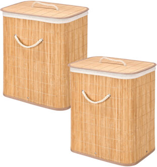 Kipit Wasmand van bamboe - 2x - wit / bruin - 60 liter - 40 x 30 x 50 cm - met deksel