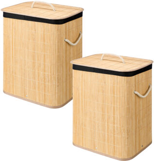 Kipit Wasmand van bamboe - 2x - zwart / bruin - 60 liter - 40 x 30 x 50 cm - met deksel