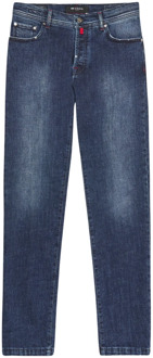 Kiton Blauwe Ma?s Gestikte Slim Fit Jeans Kiton , Blue , Heren - W34