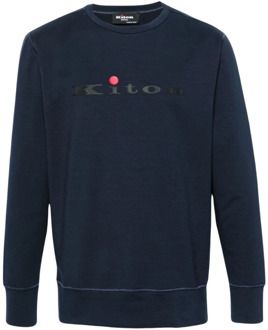 Kiton Blauwe Sweater Logo Print Ronde Hals Kiton , Blue , Heren - Xl,L,M