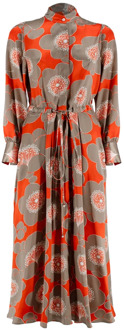 Kiton Zijden jurk met bedrukt patroon en mandarijnkraag Kiton , Orange , Dames - M,S,Xs