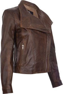 Klassiek leren dames bikerjack met sjaalomslag - Morpeth Bruin - EU 40 / UK 12