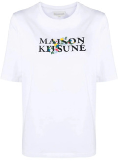 Klassiek Logo Bloemenprint T-Shirt Maison Kitsuné , White , Dames - M,S