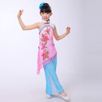 Klassieke Dans Yangko Show Stijl Roze Fan Prestaties Taille Drum Dans Kostuums voor Kinderen Dans Kleding Xl