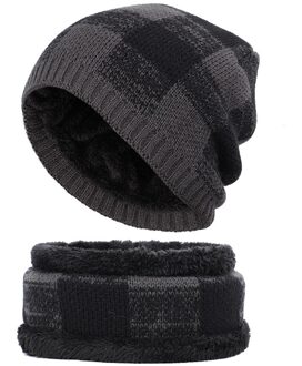 Klassieke Plaid mannen Muts Sjaal 2 Stuk Mannen en Vrouwen Muts Outdoor Warme Muts Sjaal Cover Plus fluwelen Dikker mannen Erwt grijs-1