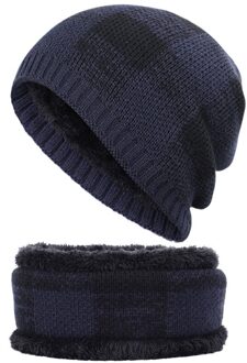 Klassieke Plaid mannen Muts Sjaal 2 Stuk Mannen en Vrouwen Muts Outdoor Warme Muts Sjaal Cover Plus fluwelen Dikker mannen Erwt marine-1