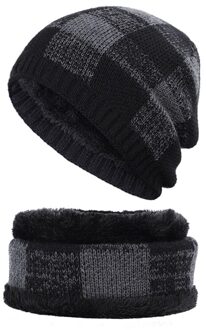 Klassieke Plaid mannen Muts Sjaal 2 Stuk Mannen en Vrouwen Muts Outdoor Warme Muts Sjaal Cover Plus fluwelen Dikker mannen Erwt zwart-1