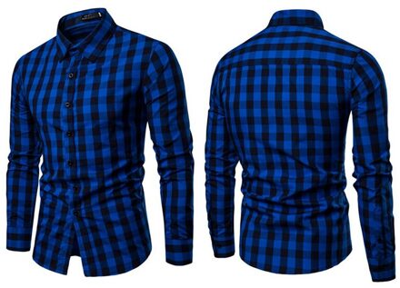 Klassieke Toevallige mannen Button Down Slim Fit Lange Mouwen Jurk Business Shirts Tops Moderne S-2XL Slanke Plaid Blouse Musle vorm Blauw / XL