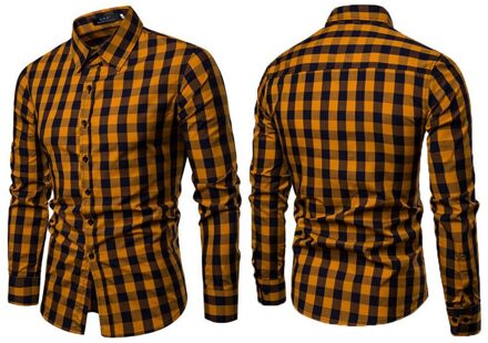 Klassieke Toevallige mannen Button Down Slim Fit Lange Mouwen Jurk Business Shirts Tops Moderne S-2XL Slanke Plaid Blouse Musle vorm Geel / XXL