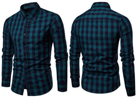 Klassieke Toevallige mannen Button Down Slim Fit Lange Mouwen Jurk Business Shirts Tops Moderne S-2XL Slanke Plaid Blouse Musle vorm Groen / L