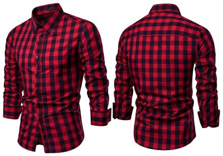 Klassieke Toevallige mannen Button Down Slim Fit Lange Mouwen Jurk Business Shirts Tops Moderne S-2XL Slanke Plaid Blouse Musle vorm Rood / M