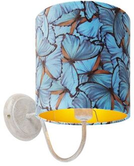 Klassieke wandlamp wit met vlinder velours kap - Matt Blauw