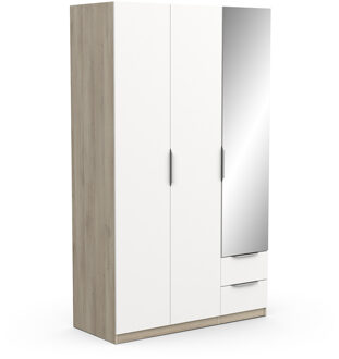Kledingkast Ghost 3 deuren/2 laden en spiegel 120x203 cm eiken met wit Wit,Bruin,Eiken