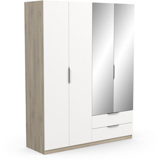 Kledingkast Ghost 4 deuren/2 laden en spiegel 160x203 cm eiken met wit Wit,Bruin,Eiken